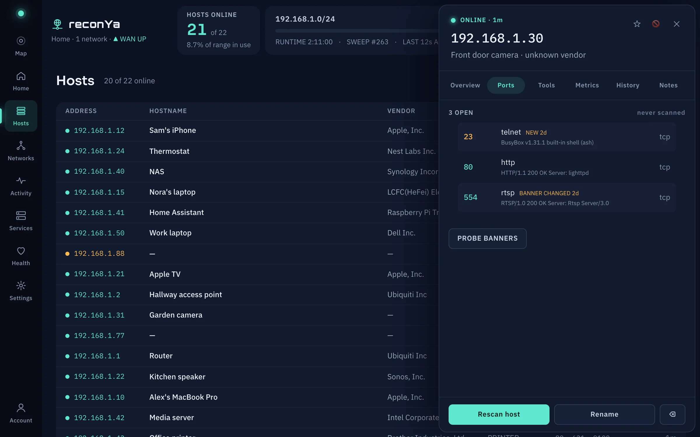 reconYa host drawer with open ports, new ports and changed banners