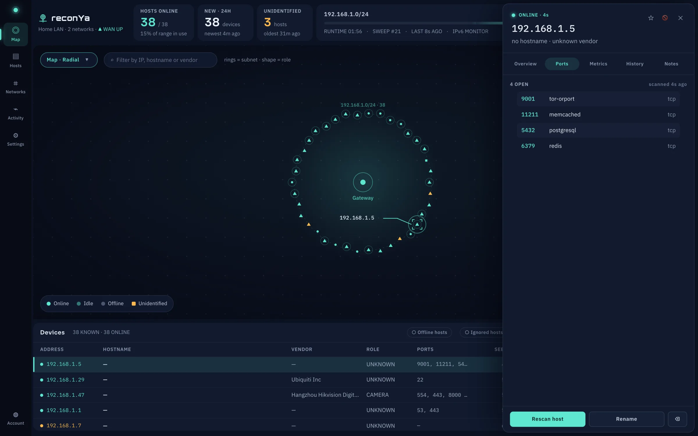reconYa open ports and services screen