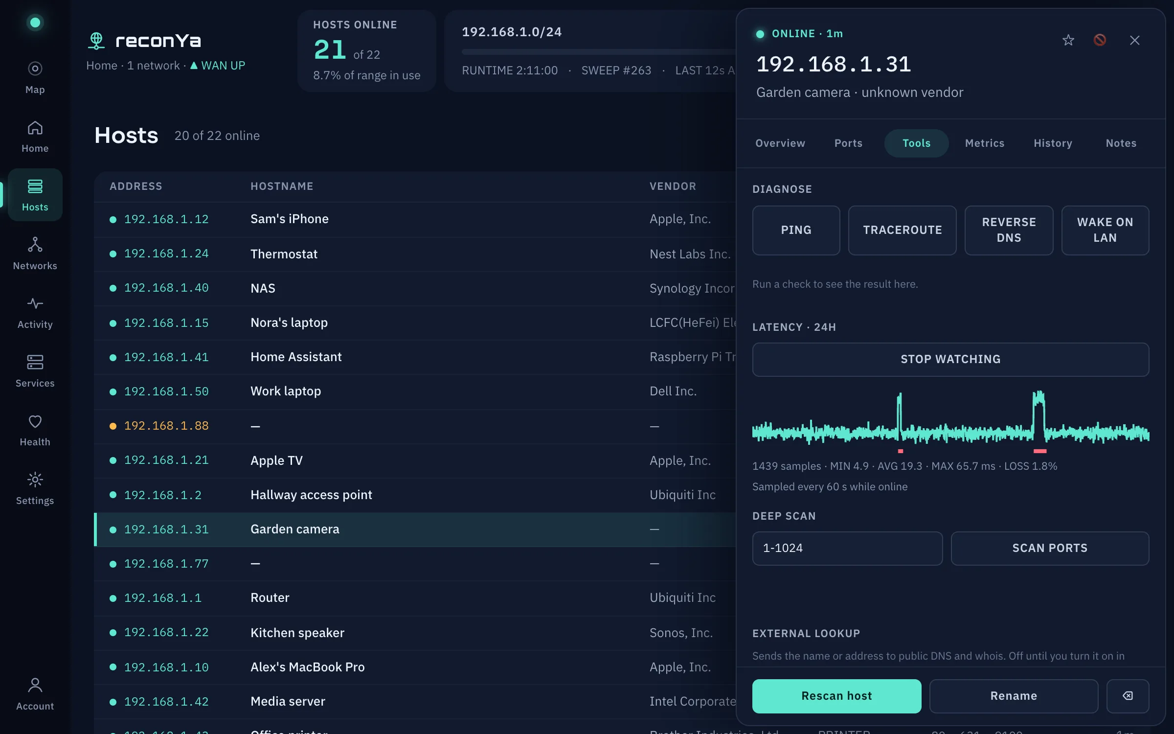 reconYa host tools with latency chart, traceroute and deep scan