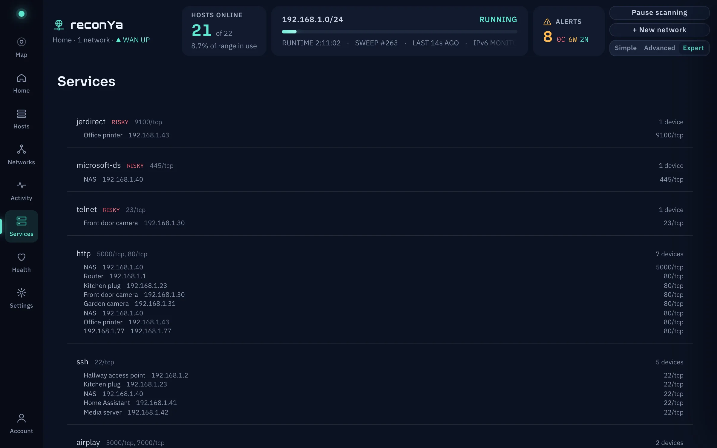reconYa services inventory grouping open ports across devices